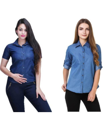 Women's Denim Solid Shirt Buy 1 Get 1 Free Blue Solid 